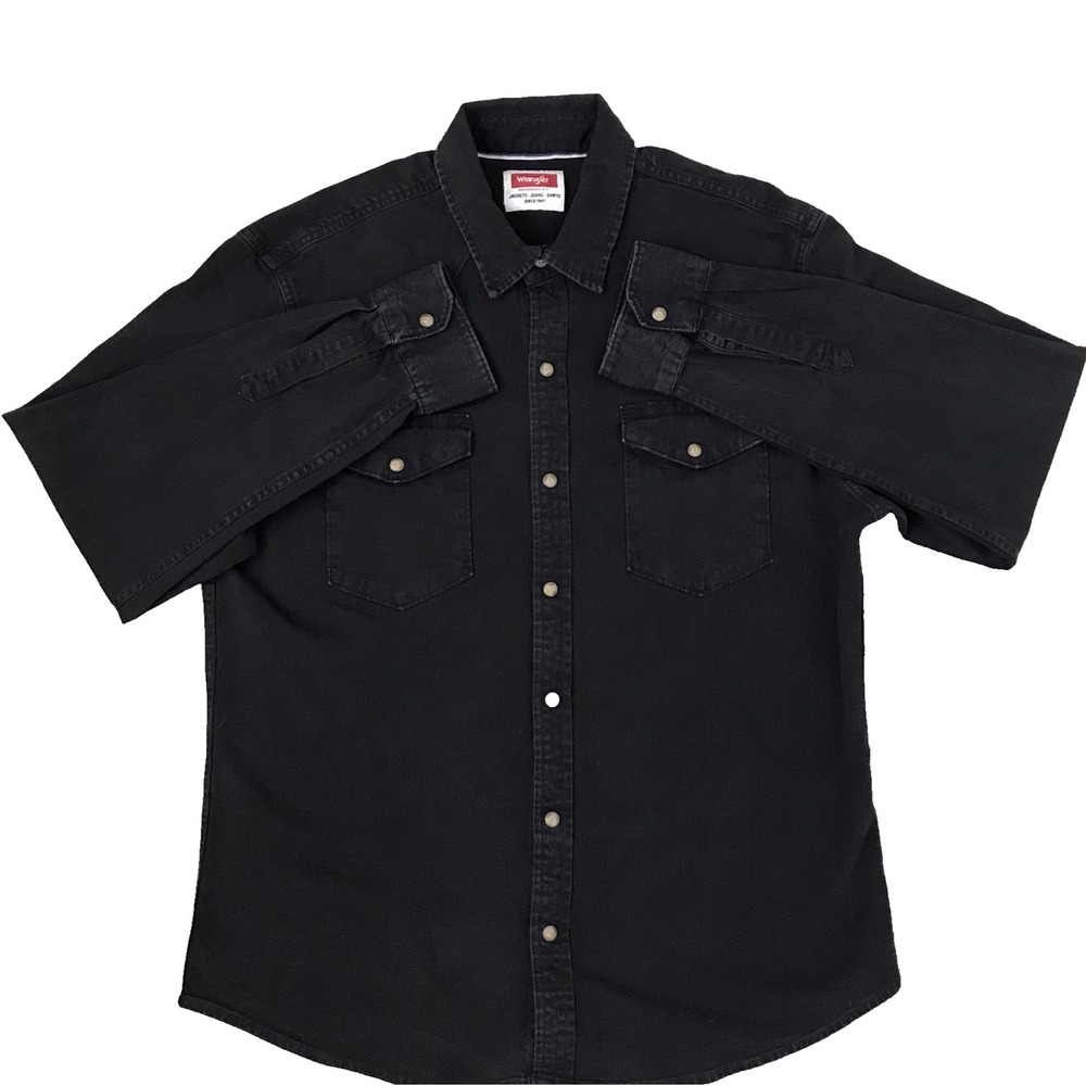 Wrangler Black Denim Shirt Pearl Snap Mens Large Dark Wash Western Yoke Rodeo - Picture 14 of 14